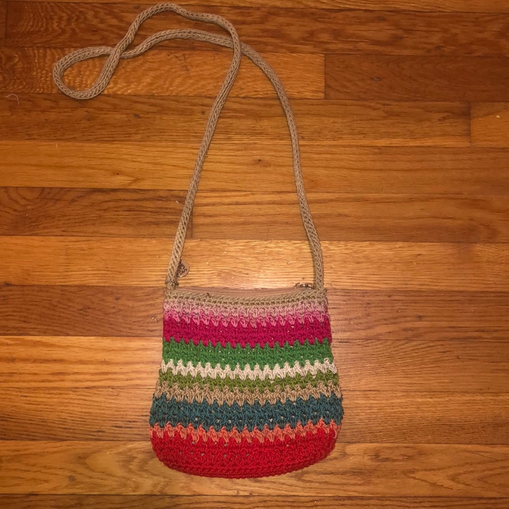 The Sak Crossbody Boho Crochet Purse Bag Multicolor Body with Tan Strap